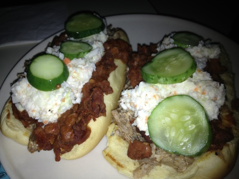 The Pork Boats--pulled pork, baked beans, pickles, and coleslaw--on a soft potato roll--are a voyage well-taken. 